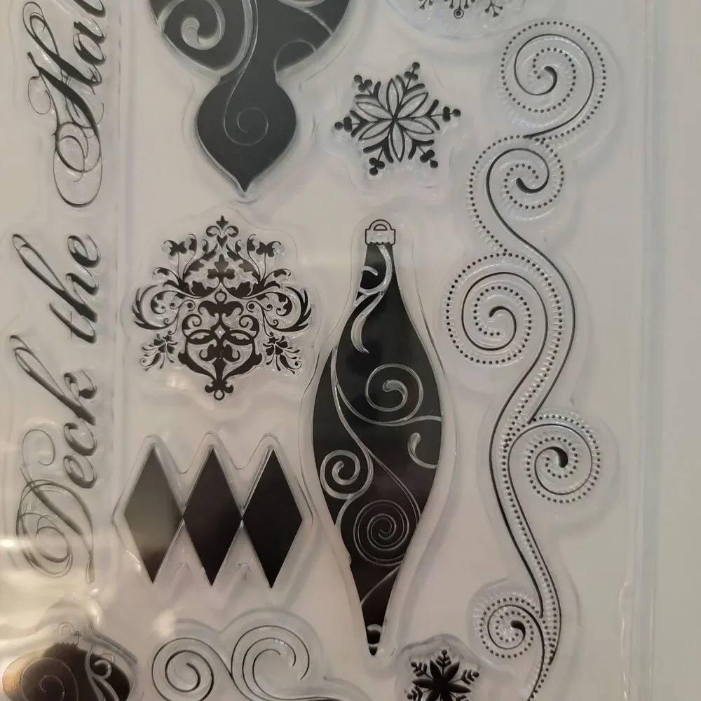 TPC Studio CHRISTMAS GLAMOUR Clear Cling Stamp Set of 15 Swirls Ornaments Flakes